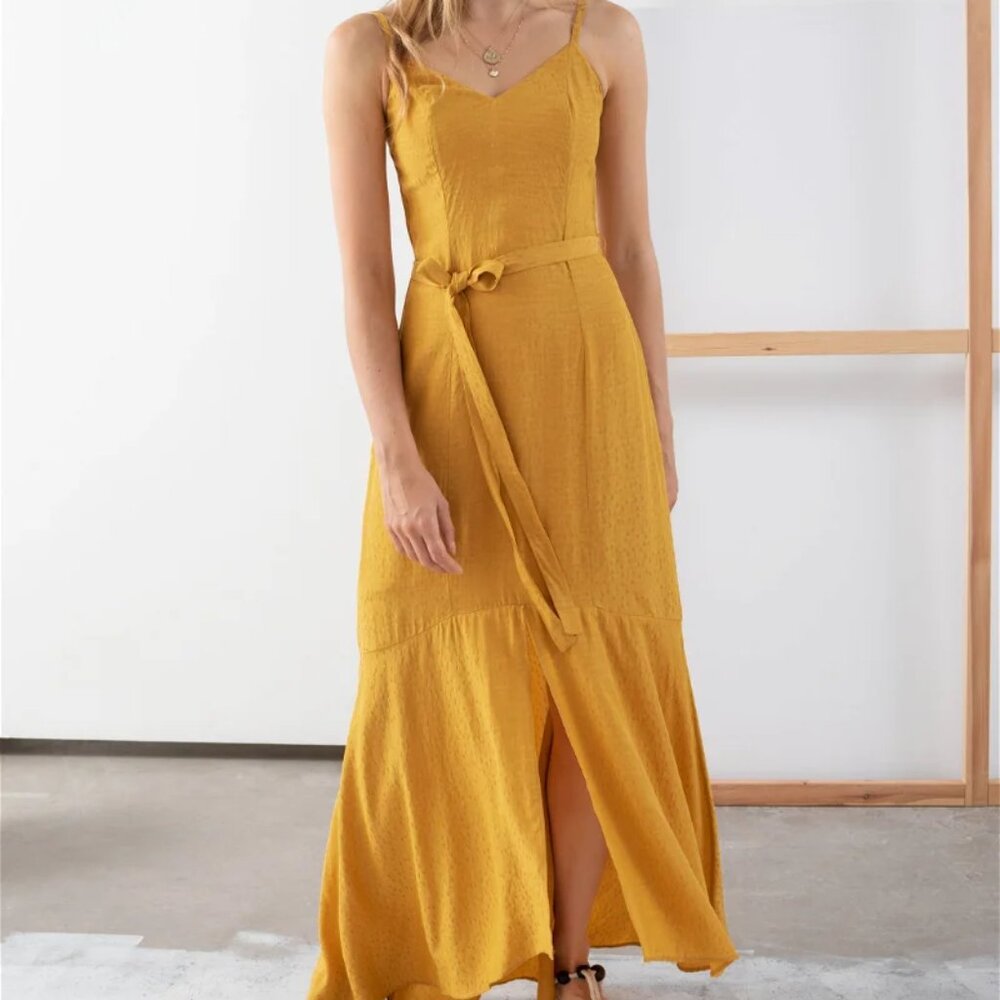 & Other Stories Gold Belted Midi Dress — Adjustable Straps, Slit, Dotted | EU 38